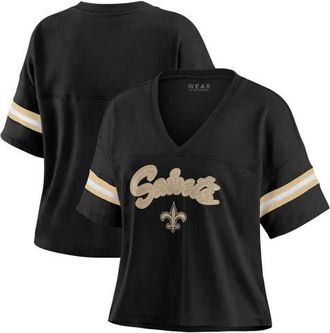 WEAR by Erin Andrews Womens WEAR by Erin Andrews Black New Orleans Saints Plus Size Color Block Boxy V-Neck T-Shirt at Nordstrom, Size 2X