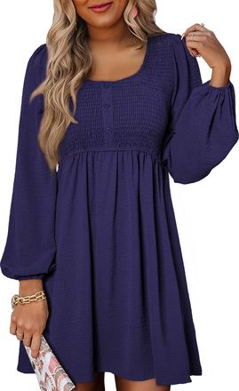 Dokotoo Womens Long Sleeve Dresses Fall Fashion Elegant U Neck Bust Gathering High Waist Ladies Dress Lantern Sleeves Solid Color Casual A Line Knee-Long Wint