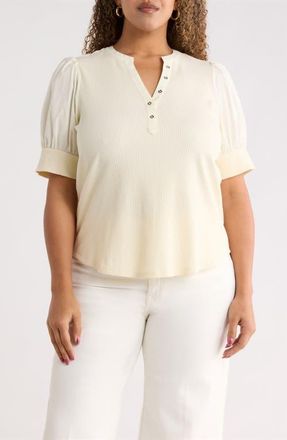 Sugarlips V-Neck Mixed Media Henley in Cream at Nordstrom, Size 2X