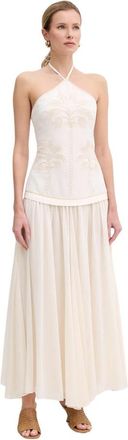 Twinset Geborduurd Halterjurk - Dames - Maxi kleedjes - Beige - M - Katoen - Kleedjes