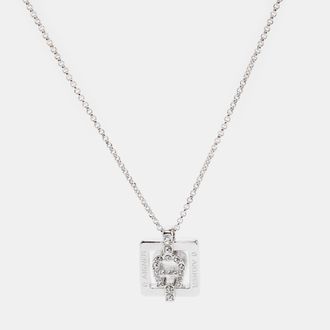 Aigner Silver Tone Square Crystal Logo Pendant Necklace