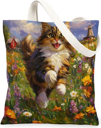 Generic Spring Maine Coons Cat Canvas Tote Bag for Shopping 13x15, Country Garden Kitten Reusable Grocery Print Pattern Bag for Women, Fun Flower Pet Beach Ae
