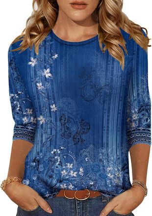 Zeagoo Tops for Women 3/4 Sleeve Blouses Elegant Casual Crew Neck T Shirts Summer Blue Floral S