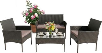 Relaxdays Relaxdays Conjunto Jard&iacute;n Para 4, 4 Piezas, Efecto Rat&aacute;n, Sof&aacute; 2 Pl., 2 Sillones, Mesa De Cristal, Exterior, Negro