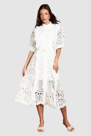 Coast Lace Ruffle Belted Shirt Dress in White at Nordstrom, Size 14