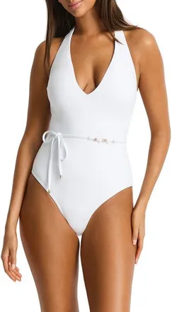 Sea Level Australia De Luxe V-Neck Halter One-Piece Swimsuit in White at Nordstrom, Size 12