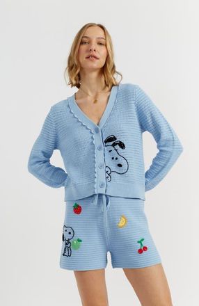 Chinti and Parker Cotton Snoopy Crochet Peekabo Cardigan in Light Blue at Nordstrom, Size X-Large