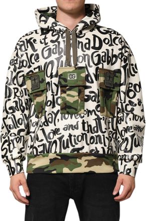 Dolce & Gabbana Mens Graffiti Camo Pocket Hoodie - White Cotton - Size EU 48 (Mens)