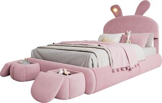 STILVORA Cama Infantil Con Arc&oacute;n 140 X 200 Cm De Terciopelo Con Cabecero De Conejo, Taburete De Almacenamiento Redondo, Led, Sin Colch&oacute;n, Rosa