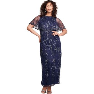 Roaman's Plus Size Beaded Capelet Maxi Gown Glam Evening Dress in Navy at Nordstrom, Size 44