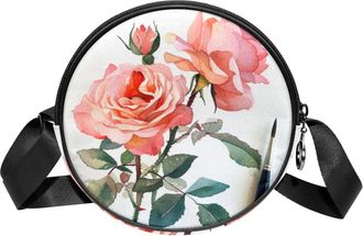 Generic Circle Crossbody Bag for Women, Peony Flower Small Sling Bag Daypack with Zipper Adjustable Shoulder Straps Casual Ladies Girls Round Purse