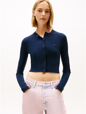 Tommy Hilfiger Womens Tommy Jeans Cropped Rib Knit Cardigan - Navy - XXS