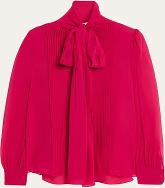 Carolina Herrera Pleated Silk Georgette Bow-Neck Blouse