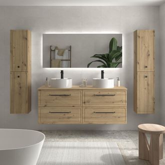 Cygnus Bath Mueble De Ba&ntilde;o Runa 120cm Roble 4 Cajones Lavabo Sobre Encimera 2 Pozas Porcelana
