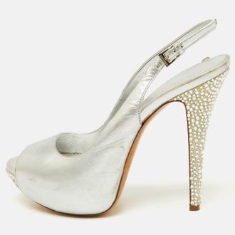 Loriblu Metallic Silver Leather Crystal Embellished Slingback Platform Pumps