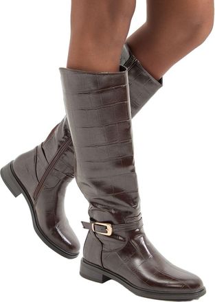 Wallis Emmy Faux Patent Large Croc Print Buckle Detail Knee High Riding Boots, 3, brown