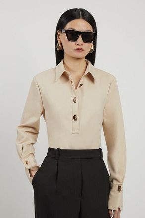 Karen Millen Techno Cotton Gold Clasp Shirt in Sand at Nordstrom, Size 10