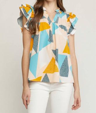 Entro Geometric Ruffle Sleeve Top In Jade