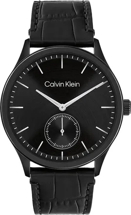 Calvin Klein Mens Brushed Dial Leather Strap Watch - Black - OS