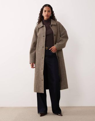 Jacqueline de Yong Cappotto lungo con cintura in lana marrone a quadri