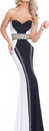 Rachel Allan Beaded Jersey Strapless Prom Gown In White/black