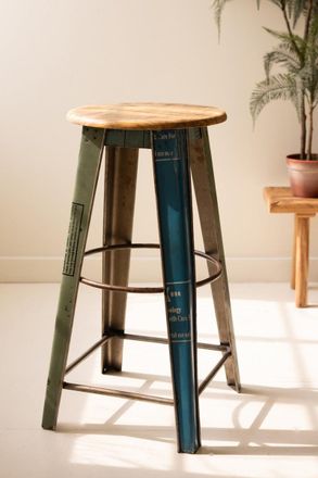 Kalalou Recycled Metal Bar Stool With Wooden Top