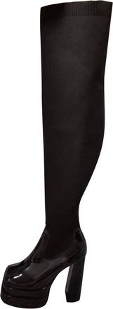 Generic Winter Womens Woolen Over Knee Boots with Thick Heel Thermal Insulation Elastic Socks Round Toe Design for Large Size Comfort and Warmth (Black, 5. 5)