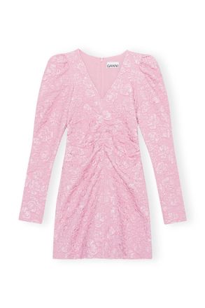 Ganni Pink Jacquard V-neck Mini Dress - Size 10/12