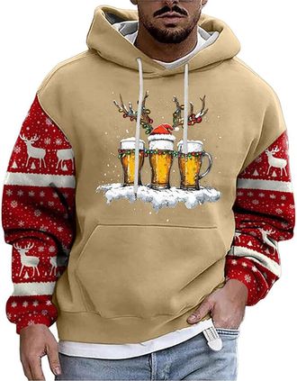 Generic Mens Christmas Hoodie Sweatshirt Mens Christmas Print Hooded Long Sleeve Hoodies Top Funny Christmas Jumpers Santa Festive Sweatshirt Xmas Party Hoode