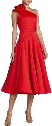 Mac Duggal One Shoulder Satin Midi Dress With 3D Flower in Red at Nordstrom, Size 14