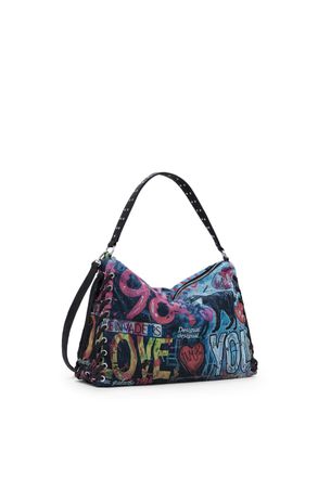 Desigual Pizzicato Leiria Large Denim Shoulder Bag with Graffiti 25WAXD23