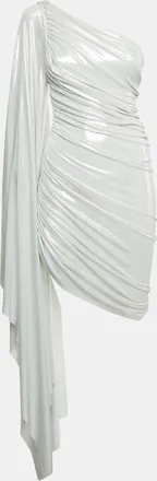 Norma Kamali Silver Lam&eacute; Jersey Long One Shoulder Ruched Mini Dress Xxs