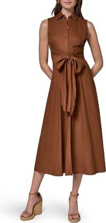 DKNY Sleeveless Linen Blend Shirtdress in Cognac at Nordstrom, Size 14