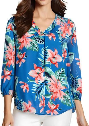 Jones New York Tunic Top Womens Blue Lagoon Floral Chiffon V-Neck FTS11
