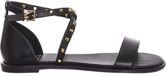 Michael Kors Astrid Studs Leren Platte Sandaal - Dames - Sandalen - Zwart - 38 1/2 EU - Leer - Schoenen