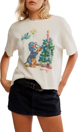 Free People Merry Holiday Waffle Knit Cotton Graphic T-Shirt in Ivory Combo at Nordstrom, Size X-Small
