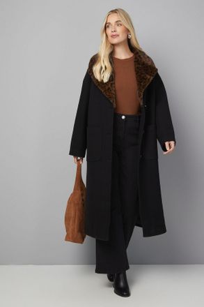 Wallis Womens Petite Leopard Faux Fur Collar Coat - Black - Size 12 UK