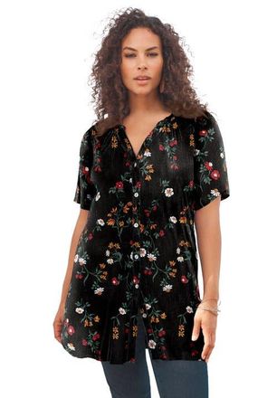 Roaman's Plus Size Angelina Crinkle Crepe Y-Neck Short Sleeve Tunic in Black Flower Stems at Nordstrom, Size 44
