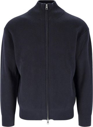 Closed High Collar Dark Blue Zip-Up Sweater