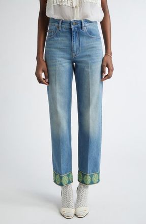 Valentino Garavani Jacquard Trim Straight Leg Jeans in Medium Blue Denim at Nordstrom, Size 25