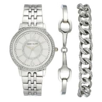 Anne Klein Quartz Crystal Silver Dial Ladies Watch and Bracelet Set AK-3839SVST