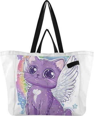 Generic Purple Cat Rainbow print Reusable Canvas Tote Bag, Heavy Duty Grocery Shopping Bag with Hard Bottom Large Capacity Double Handles Work Groceries Trave