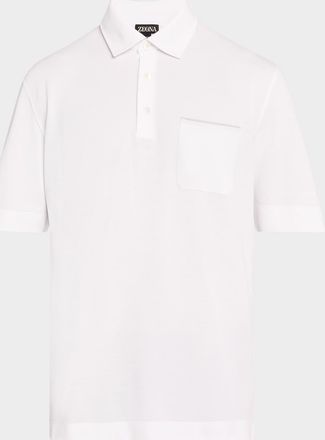 Ermenegildo Zegna Mens Pique Polo Shirt with Leather-Trim Pocket