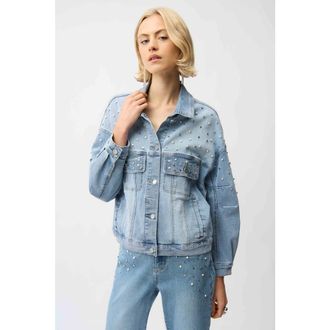 Joseph Ribkoff Denim Oversized Jacket With Pearls and Studs in Light Blue Denim at Nordstrom, Size X-Large