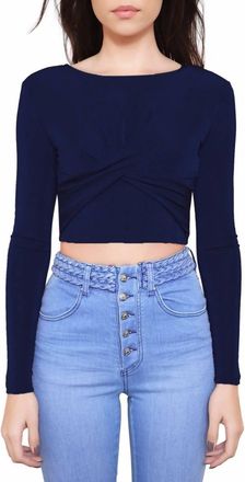 Minkpink Stretch Twist Wrap Front Long Sleeve Crop Top Sweater In Navy Blue