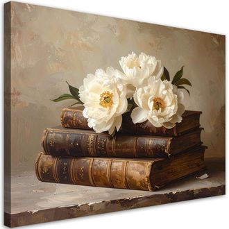 Feeby Cuadro En Lienzo, Flores De Peon&iacute;a Libros Vintage, 120x80