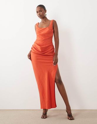 Asos vestito maxi con scollo quadrato, corpino drappeggiato, dettaglio in vita e spacco laterale arancione-Rosso