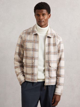 Reiss Stone Zip-through Check Overshirt With Wool, 2XL