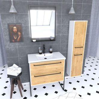 Aurlane Mueble De Ba&ntilde;o 80 Cm, Lavabo Blanco, Espejo Led Y Columna - Blanco Y Roble
