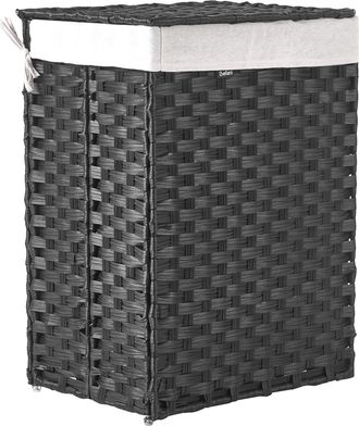 Beliani Cesto Para La Ropa Sucia Plegable De Tejido Trenzado Con Tapa Forro Extra&iacute;ble Hecho A Mano Cuarto De Ba&ntilde;o 83l Negro Mucubaji